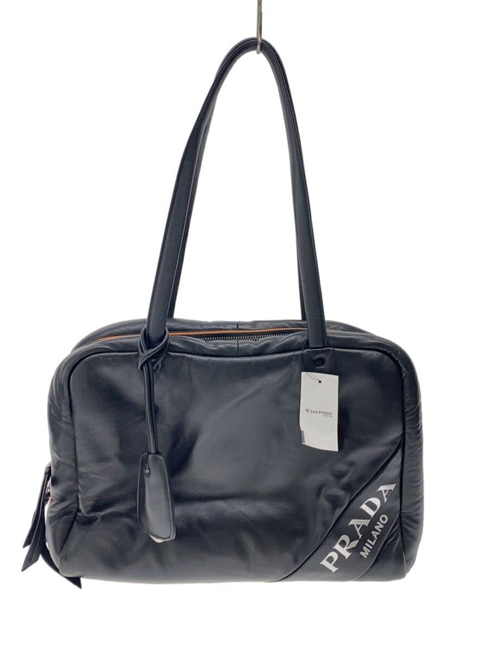 Prada Nappa Soft Leather Shoulder Bag black prominent white logo Black